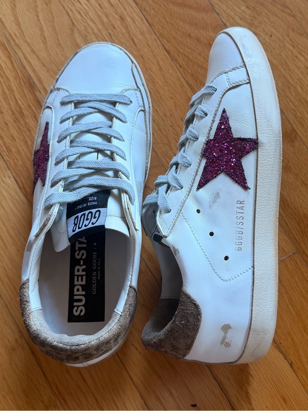 Golden Goose 38 Super-Star White Leather with Pink Glitter Star and Gray Laces